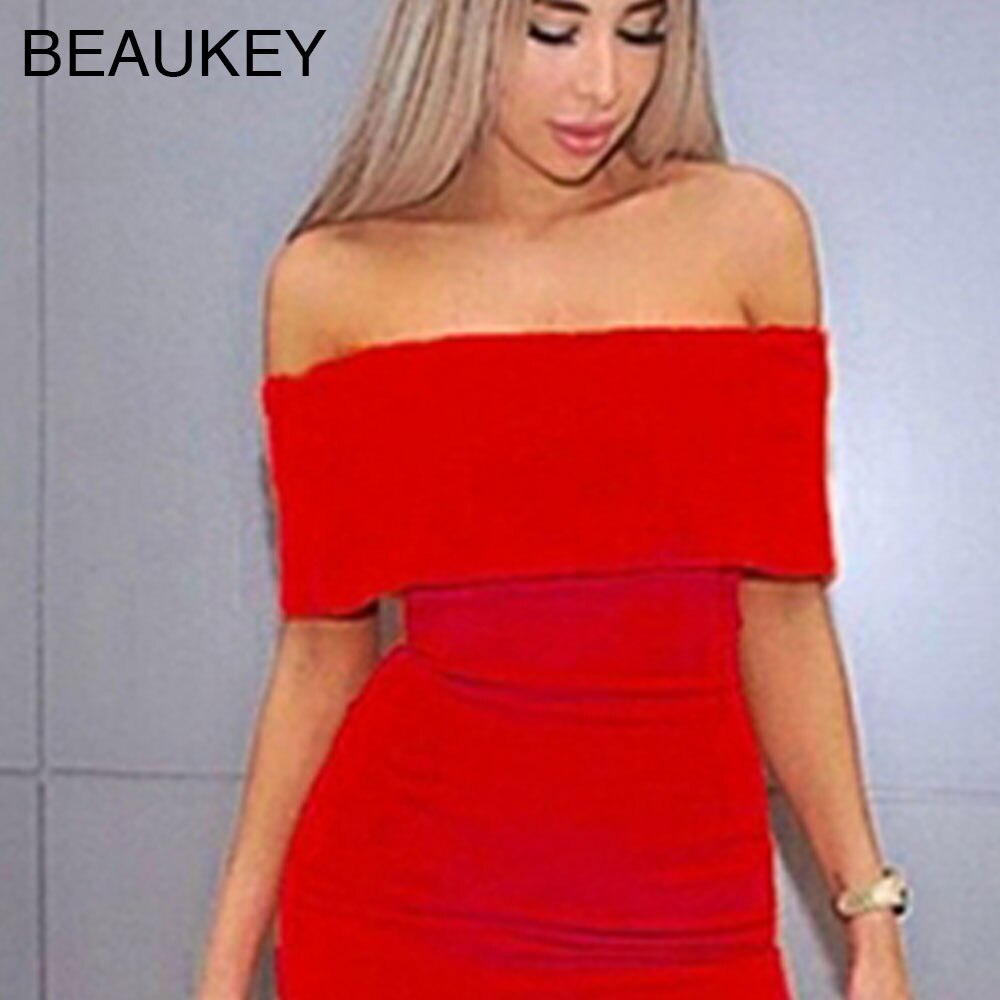 Red Off Shoulder Knee Length Rayon Knitted Elastic Bodycon Bandage Dress