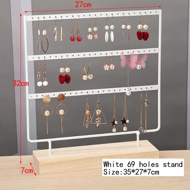 Earrings Stand Jewelry Display Earrings Holder Jewellery Storage Wooden Base Metal Ear Studs Pendant Rack: white 69 holes