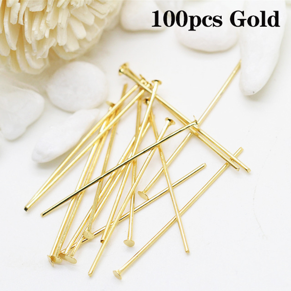 Alfiler de cabeza plana de acero inoxidable, accesorios para fabricación de joyas, lámpara, cuentas, DIY, 40mm, 100 unids/lote: 100pcs Gold