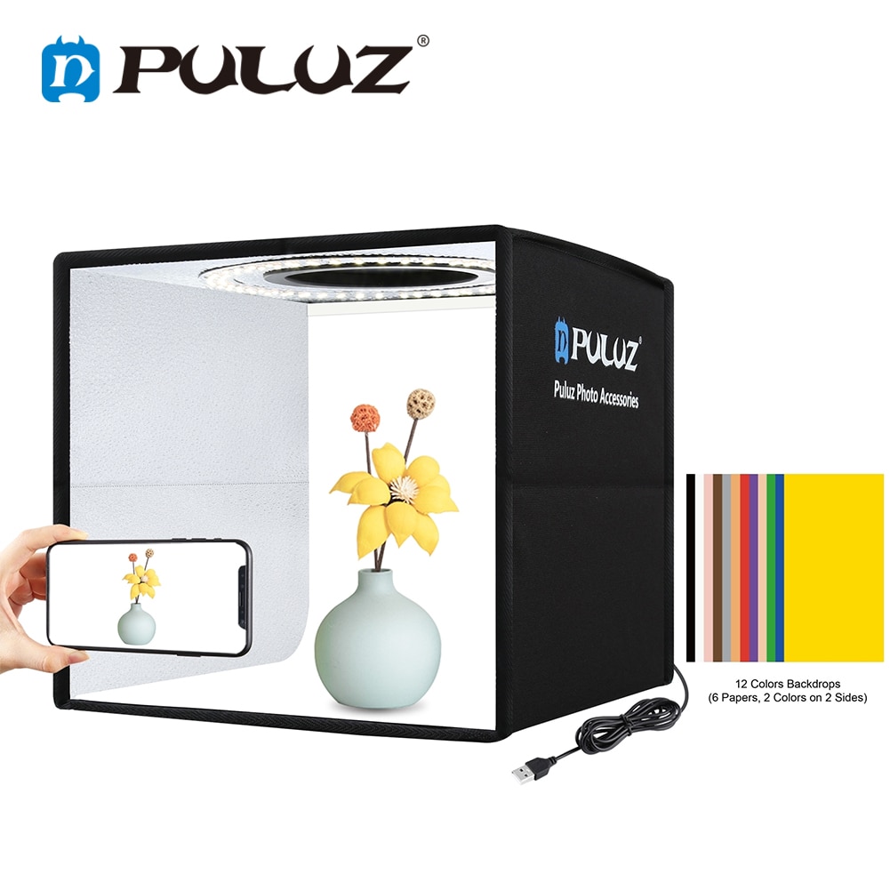 PULUZ Photo Studio Light Box with 12 Colors Background Mini Tabletop Lightbox Photography Soft Box Shooting Box Tent Ring Light