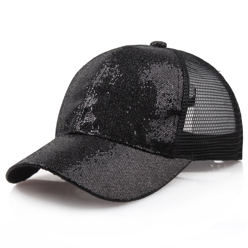 gorra de béisbol de cola de caballo para mujer, gorra desordenada de verano, gorra de malla, gorras de lentejuelas deportivas, gorra de # L5: Black / S