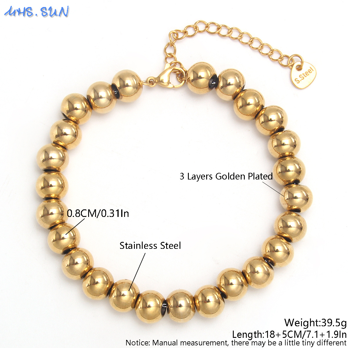 MHS.SUN-pulsera de cuentas lisas impermeable, brazalete ajustable de bolas redondas de acero inoxidable, Color dorado y plateado, joyería de Unisex