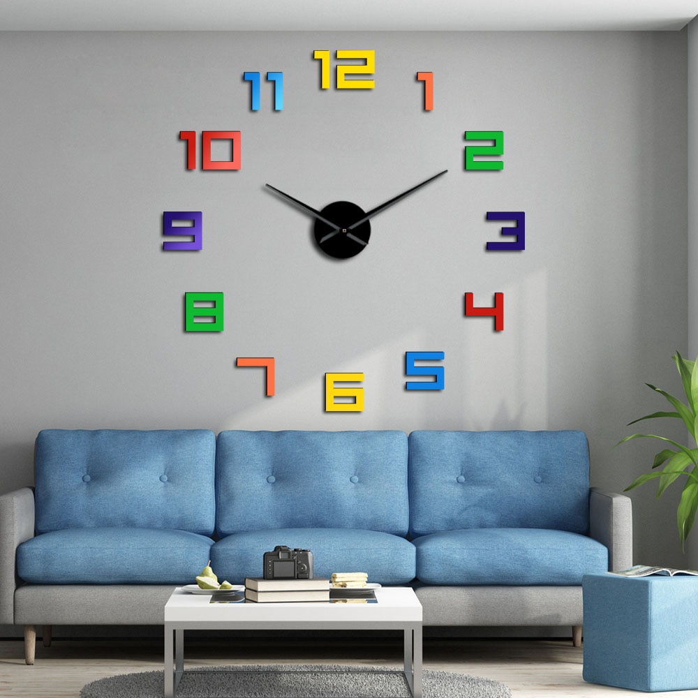 Numéros colorés sans cadre bricolage horloge murale couleurs arc-en-ciel montre géante multicolore acrylique bricolage grands numéros horloge de décoration intérieure