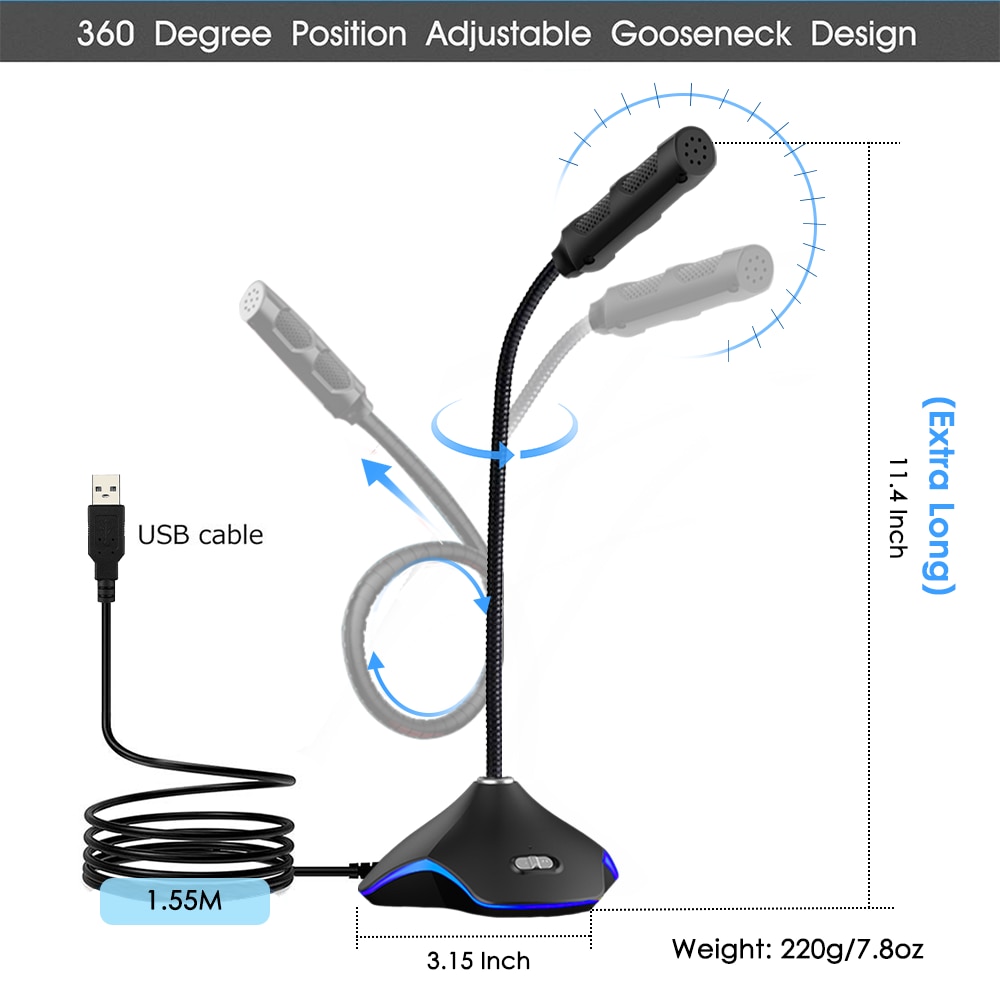 XIAOKOA CK Flexible USB Condenser Microphone for Computer With led light for Recording Gaming Chatting computer microphones