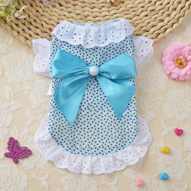 Cotton Lace Floral Bow Pet Dog Dress For Small Dogs Summer Chihuahua Pug Yorkie Clothing Puppy Cat Clothes Dog Wedding Dresses: Blue / S