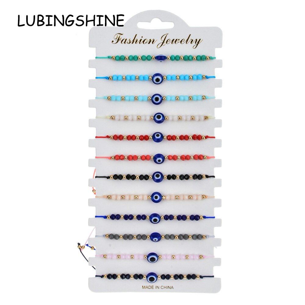 Women Men 12pcs/Sets Blue Turkish Evil Eye Charms Bracelets Crystal Bead Adjustable Rope Chain Yoga Wristband Child Girl Jewelry