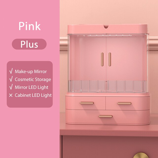 LED Light Makeup Mirror Cosmetic Storage Jewelry Container Lipstick Showcase Drawer Skin Care Products Cabinet Organizer-Cosmeti: PinkPlus No cab LED