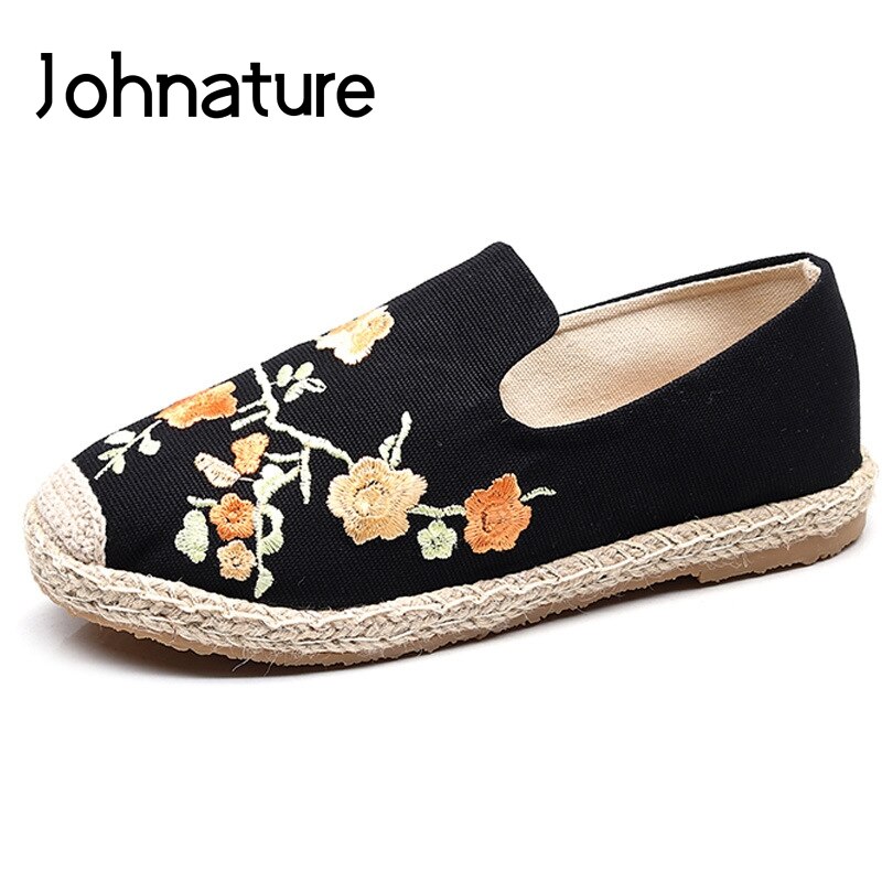 Johnature toile chaussures décontracté Floral sans lacet bout rond Style National printemps/automne broder femmes chaussures