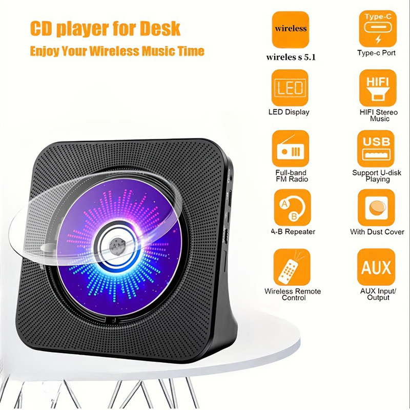 Rechargeable CD Player with Bluetooth Infrared Remote Control Built-in Speaker AUX USB FM Radio For CD-R/CD-RW Music Player