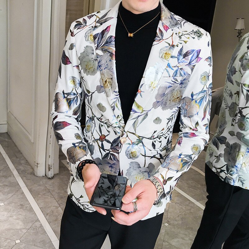 Terno masculino blomma kavaj herr mönster kostym jacka affärscausal män slim fit kavaj bröllopsfest balblazer: Vit / 3xl