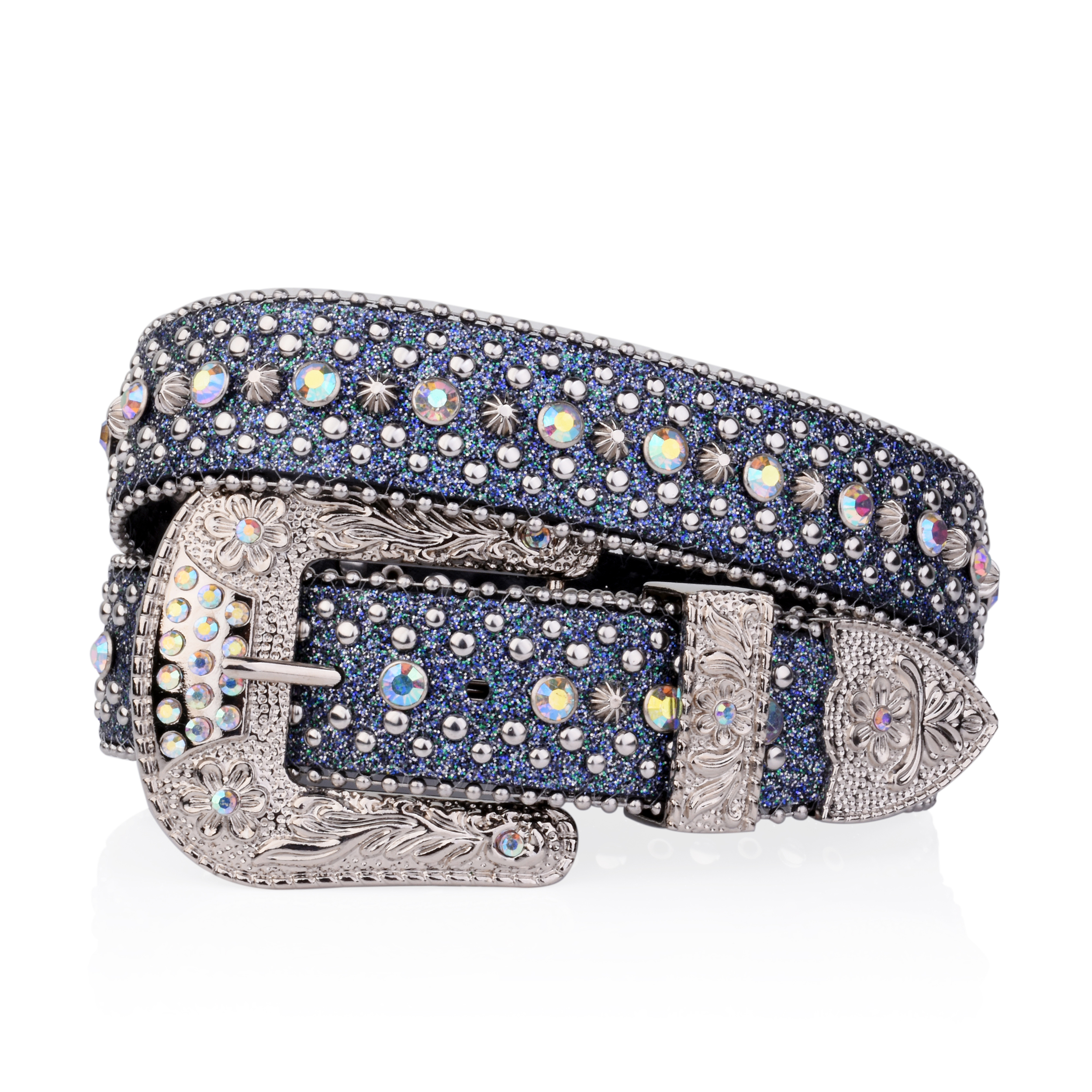 Ceinture Punk rock pour femmes, strass de luxe, bouton brillant, décorée en PU, Y2K, rétro, pour jeans pour hommes: Bleu / 115 CM