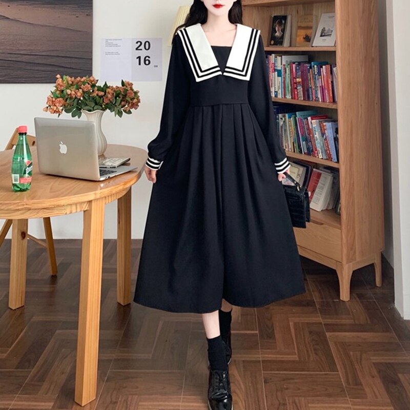2022 japanese style jk uniform suit lapel a-line skirt student jk dress long sleeve suit girl jk uniform dress loose black dress