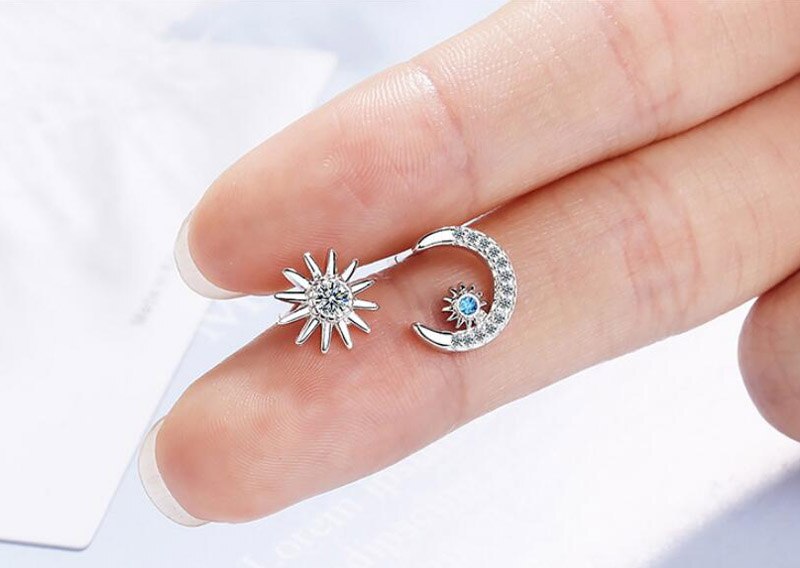 S925 orecchini in argento AAA zircone asimmetria sole e luna orecchini a bottone per donna regalo Lady Girl gioielli di moda