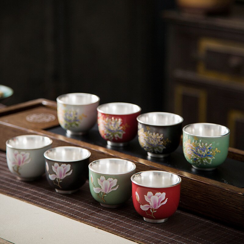 Taza de té dorada de plata 999, vaso Maestro de cerámica, flor a la parrilla, lámina dorada, taza de té Kung Fu
