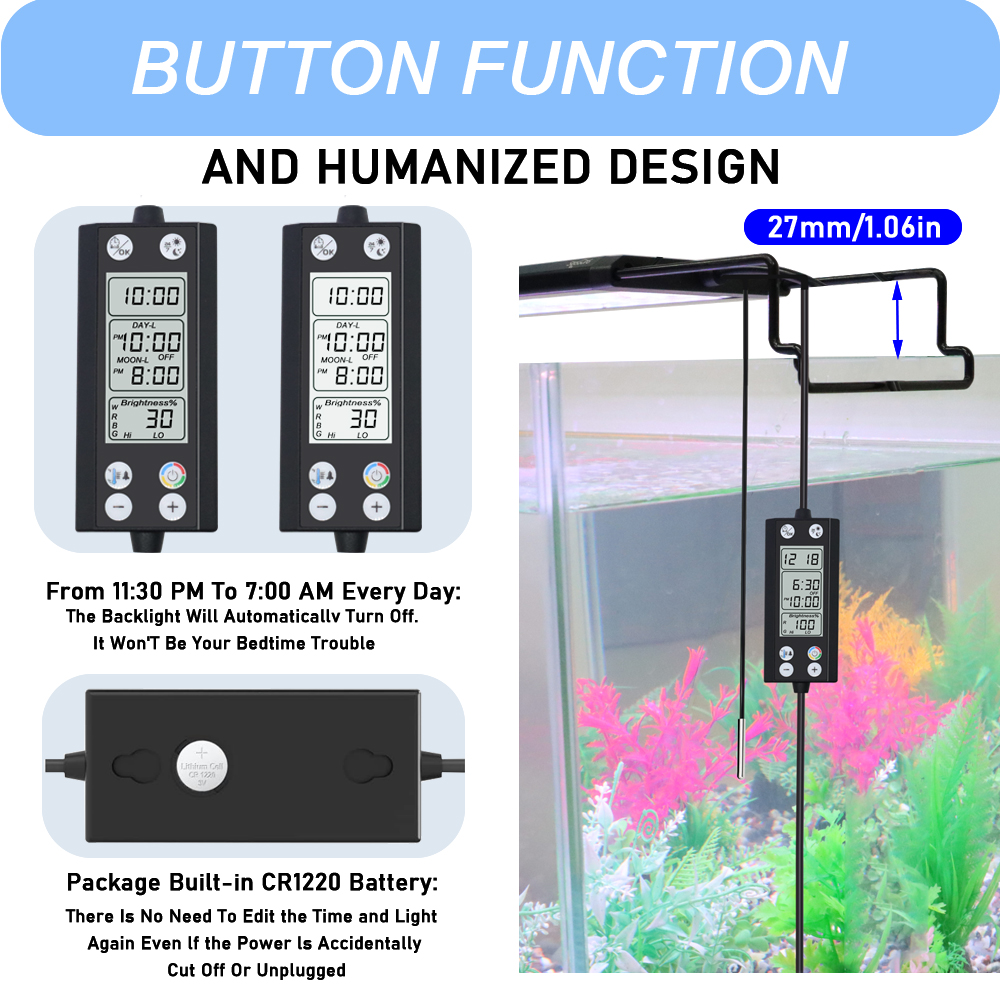 Luz LED de iluminación de espectro completo para acuario, 30-60cm, 24/7, con termómetro y función de memoria, lámpara para plantas y peceras, IP68, 100V-240V