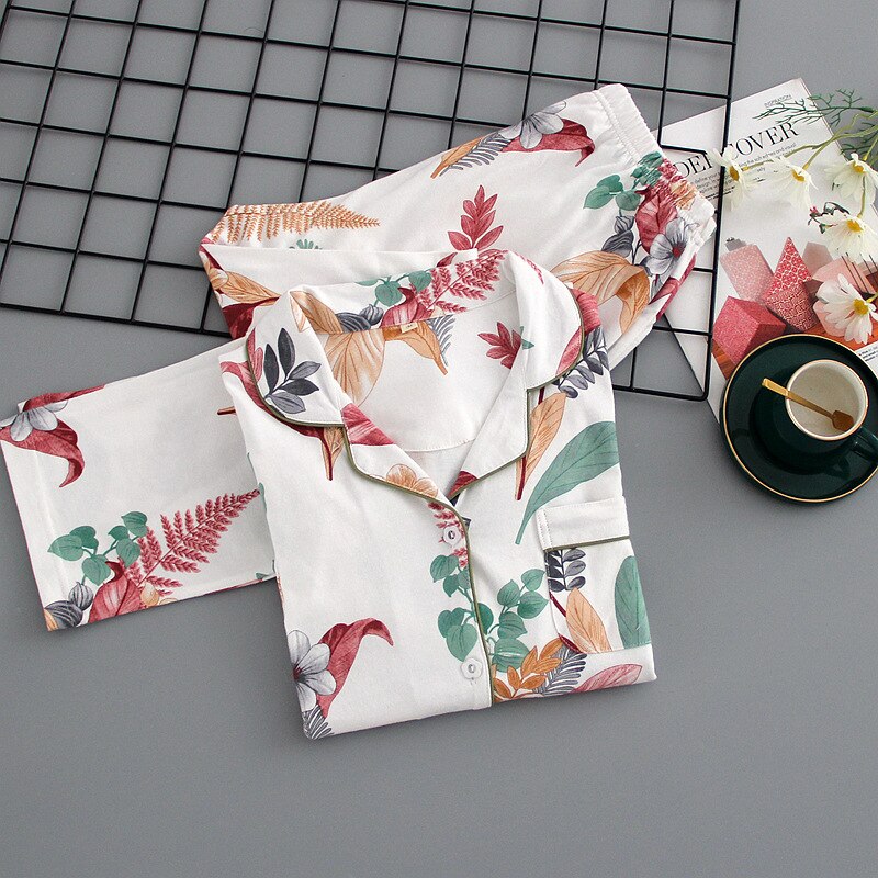 Dames katoenen zachte comfortabele turn-down kraag nachtkleding dames 2- delige pyjama pakken dames bedrukte elasticiteit taille homewear