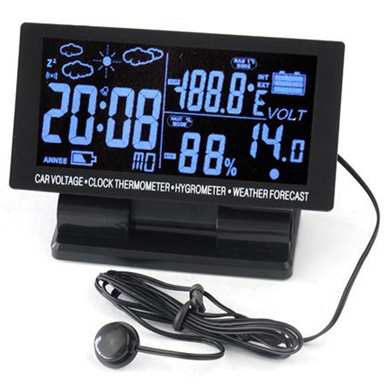 4 In 1 Digitale Auto Thermometer Hygrometer Dc 12V Lcd Voertuig Voltage Klok Weersverwachting Temperatuur Vochtigheid Meter Ec60