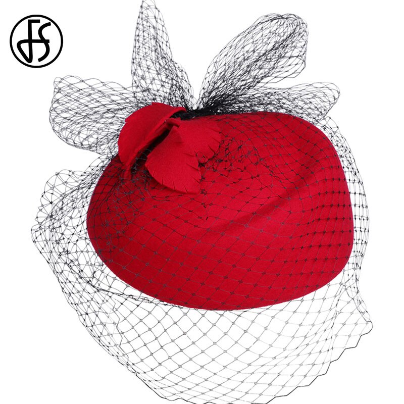 FS Vintage Wool French Beret Hats For Women Fedora With Veils Camel Felt Hats Winter Ladies Wedding Church Pillbox Hat: Red