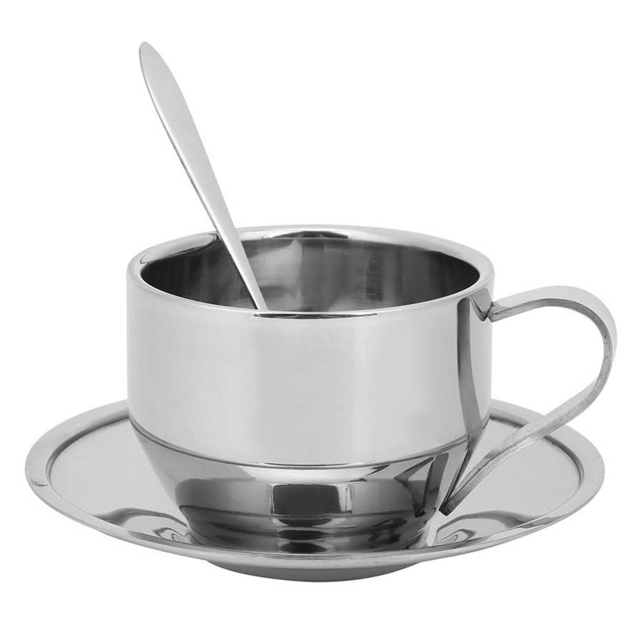 Silver Stainless Steel Anti-Scald Coffee Cup Mugs Espresso Cups with Spoon Saucer Set Tableware