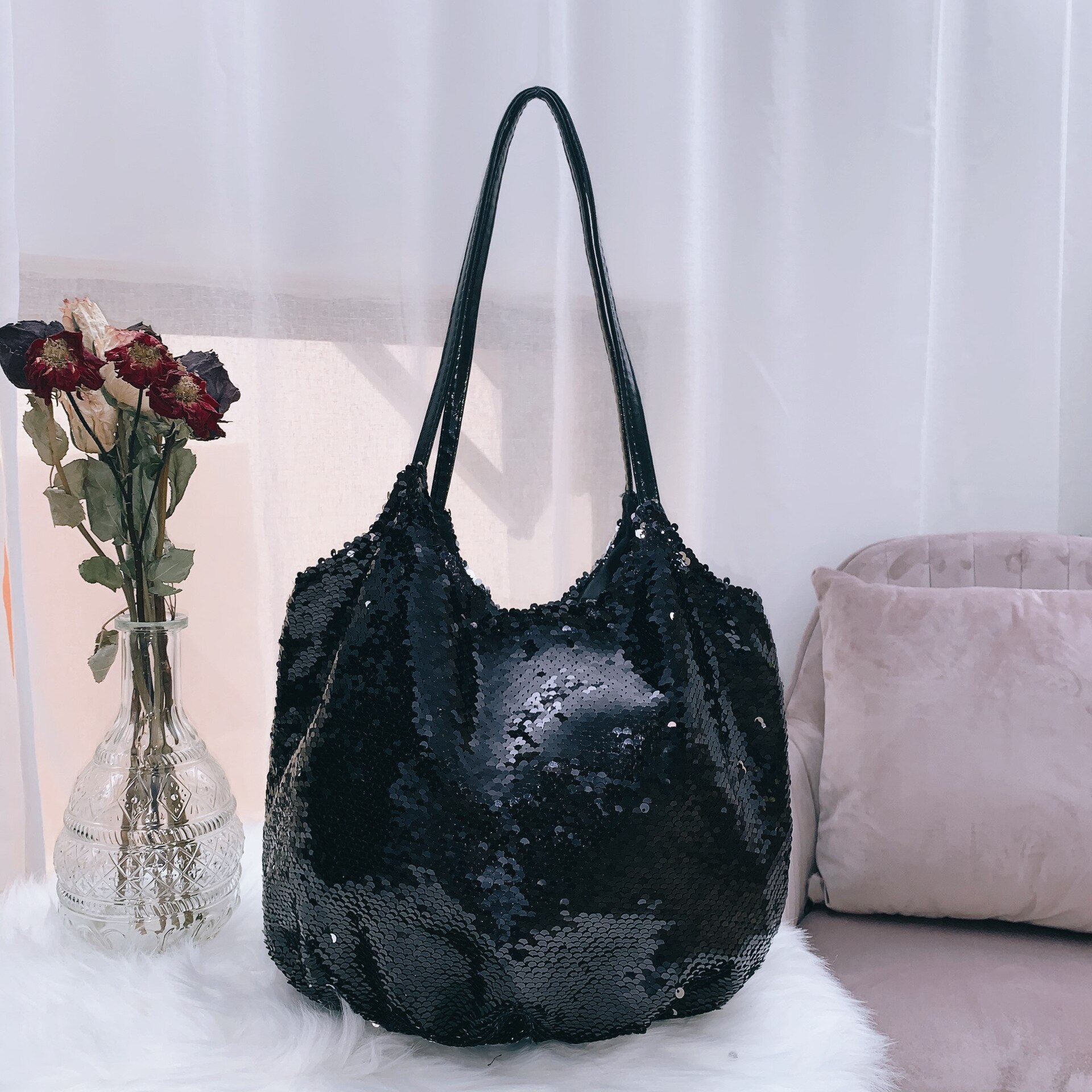 Bag for Women All-Match Big Bag Sequins Tote One Shoulder Bag Handbag Simple Cloth Bag Large Capacity Magnetic Button: black