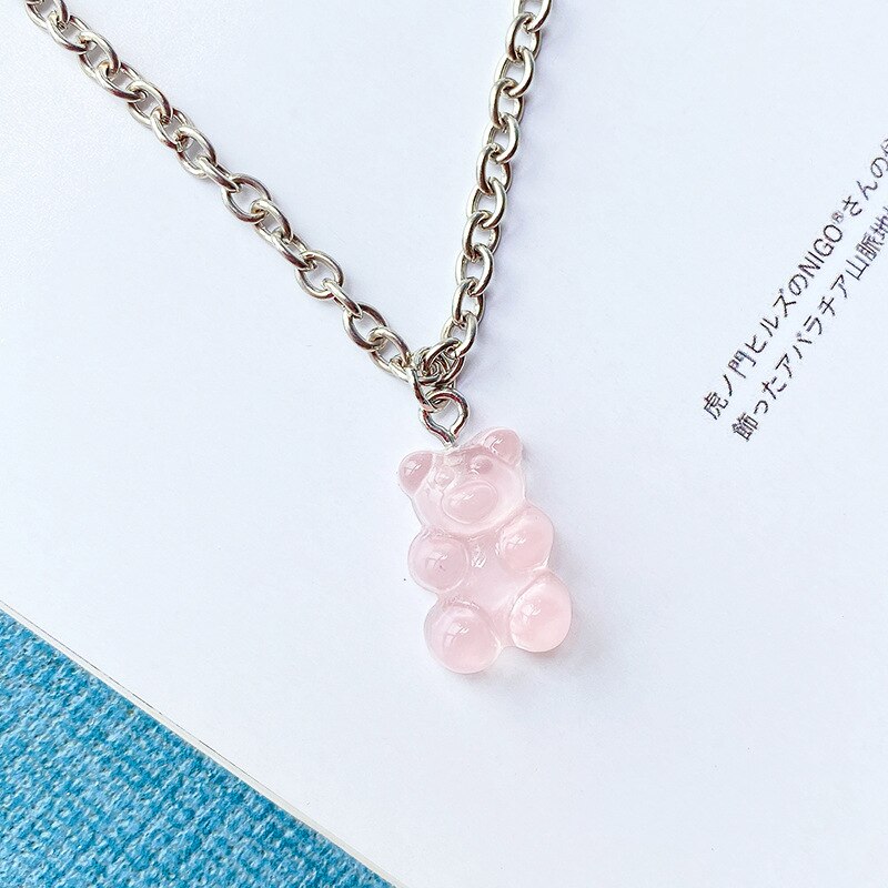 Collier en acier inoxydable fait à la main, 7 couleurs, mignon, ours de bonbons de dessin animé, pendentif de couleur bonbon, bijoux quotidiens pour femmes et filles, de fête: Pink