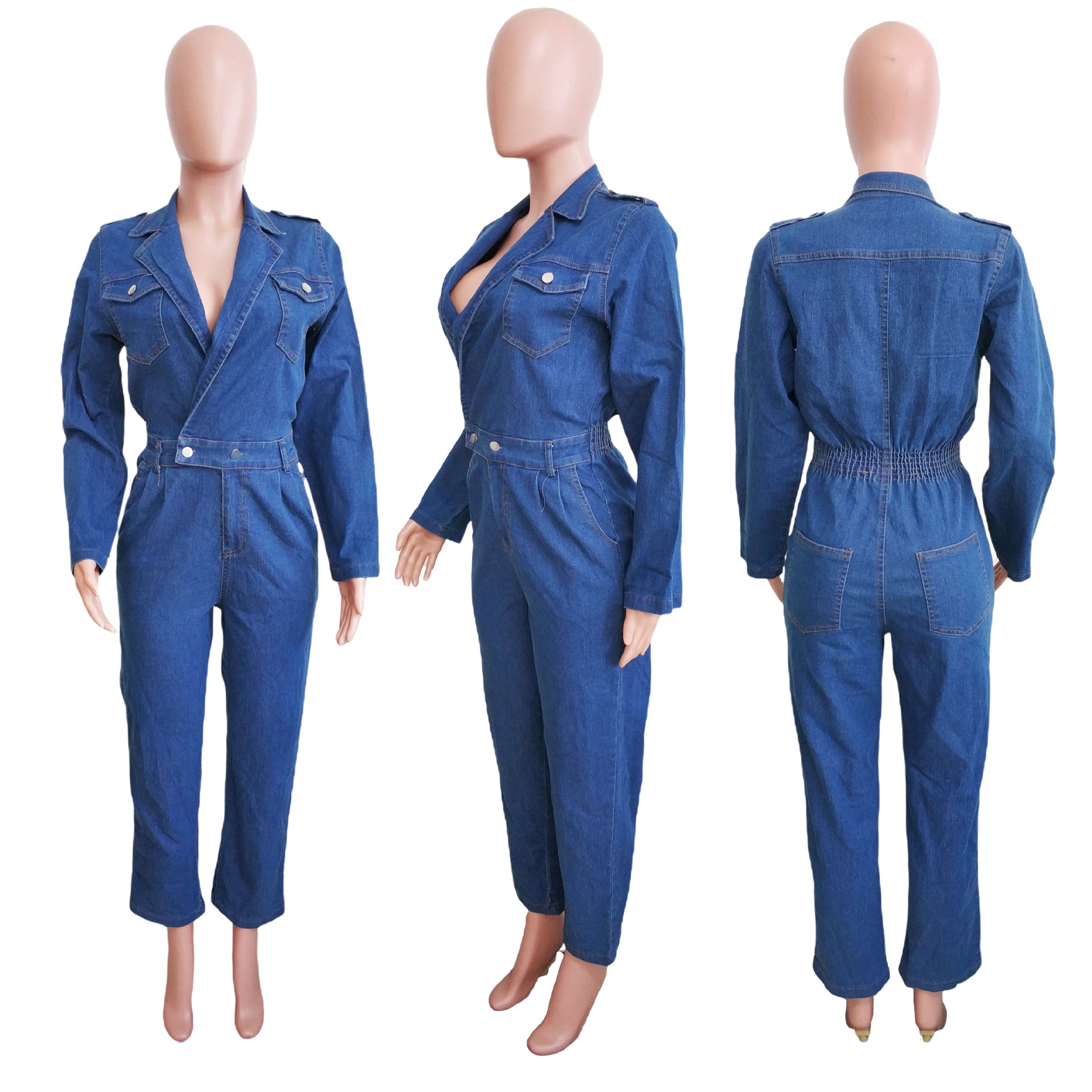 Demin overalls dame jumpsuits i ét stykke lange bukser med nedadgående krave, høj talje, streetwear,  y2k mom jeans, slim fit, sparkedragter