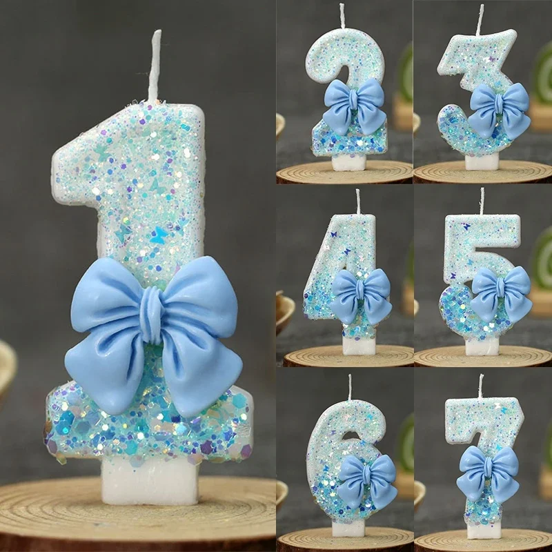 Verjaardagskaars met cijfer 0 1 2 3 4 5 6 7 8 9 blauwe strik taartkaars decoratie feesttaart topper decoratie jubileum decoratie