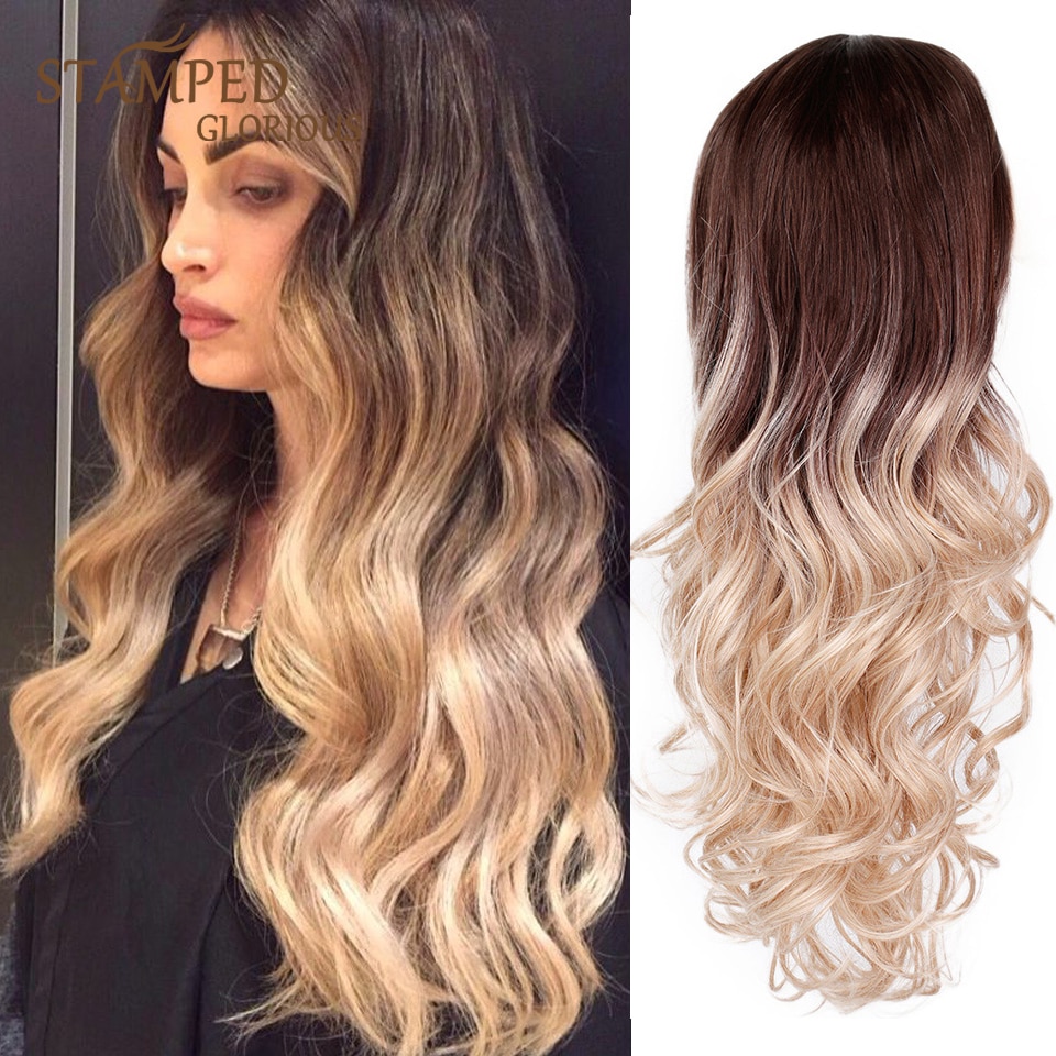 Perruque synthétique ondulée ombrée 24 pouces | Perruque noire Blonde, perruque naturelle ondulée et longue, perruque avec raie au milieu pour femmes