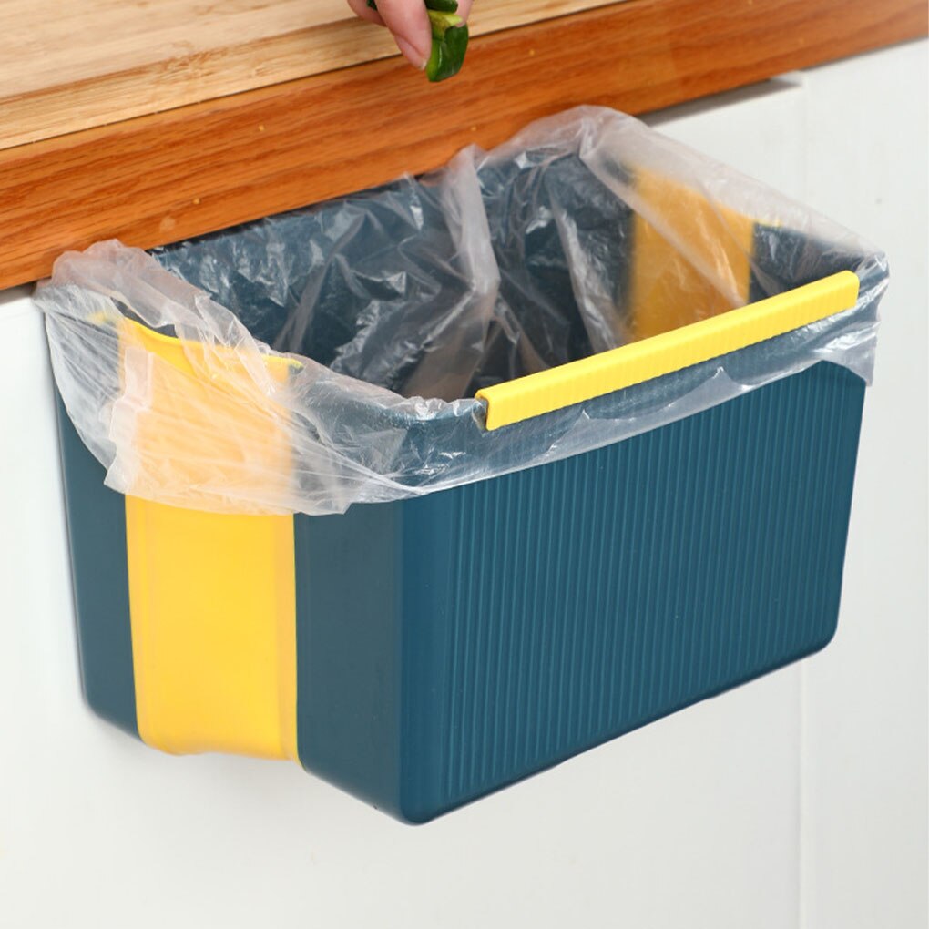 Kitchen Trash Can Foldable Hanging Waste Bin Portable Home Plastic Washable Reusable Cooking Garbage Dustbin Blue
