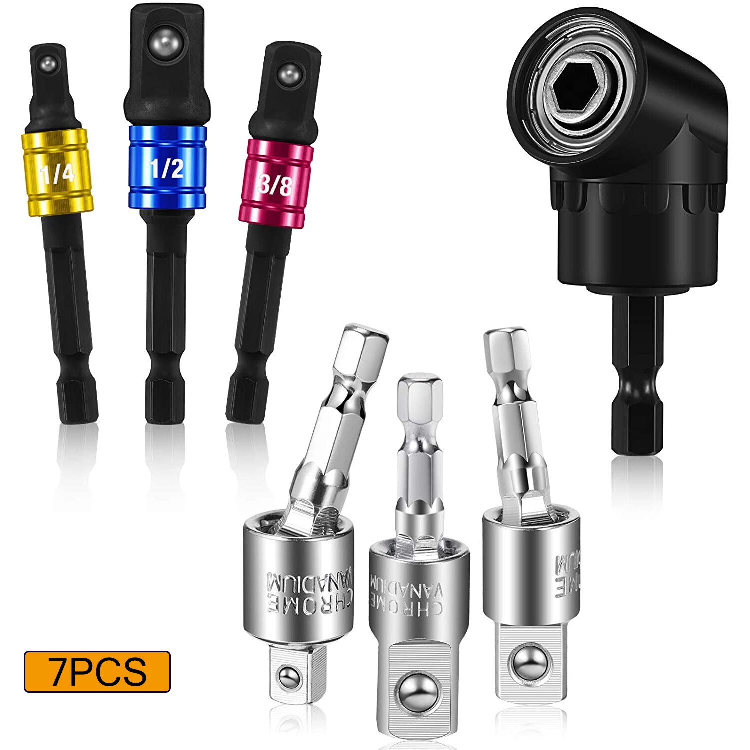 Drill Socket Adapter Converter For Impact Driver 105° Right Angle Drill Attachment Bit Impact Socket Adapter and Reducer Set: 7PCS