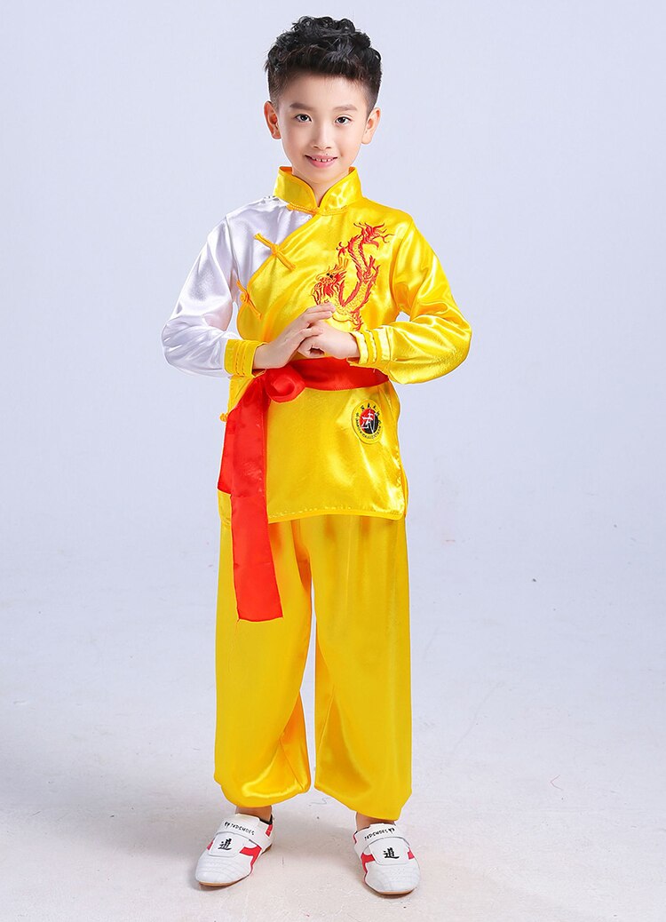 Lasten kiinalaiset perinteiset wushu-vaatteet lapsille kamppailulajien univormu kung fu -puku tytöille pojille lavaesitys pukusetti: Keltainen / 120cm