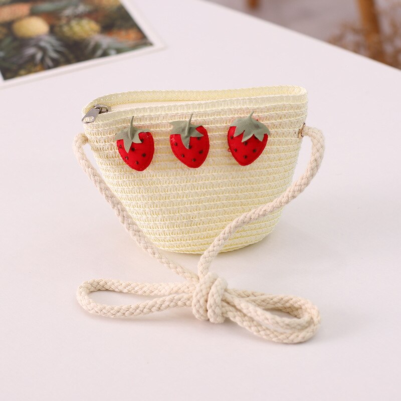 bonnet bebe fille Ensemble chapeau et sac en paille ondulé à la fraise pour fille, 2 pièces, accessoires de protection solaire pour enfants de 3 à 8 ans, printemps et été: Bag-White