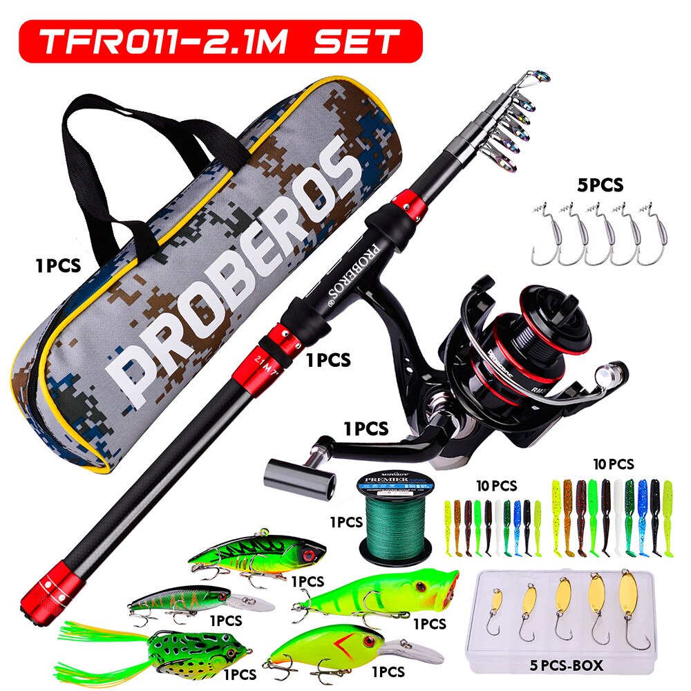 PROBEROS 1.8m-3.6m Telescopic Casting Fishing Combo Portable Ultralight Rod and 5.2:1 Gear Ratio Fishing Reel Fishing Tackle Kit: 2.1m and 1000 KIT