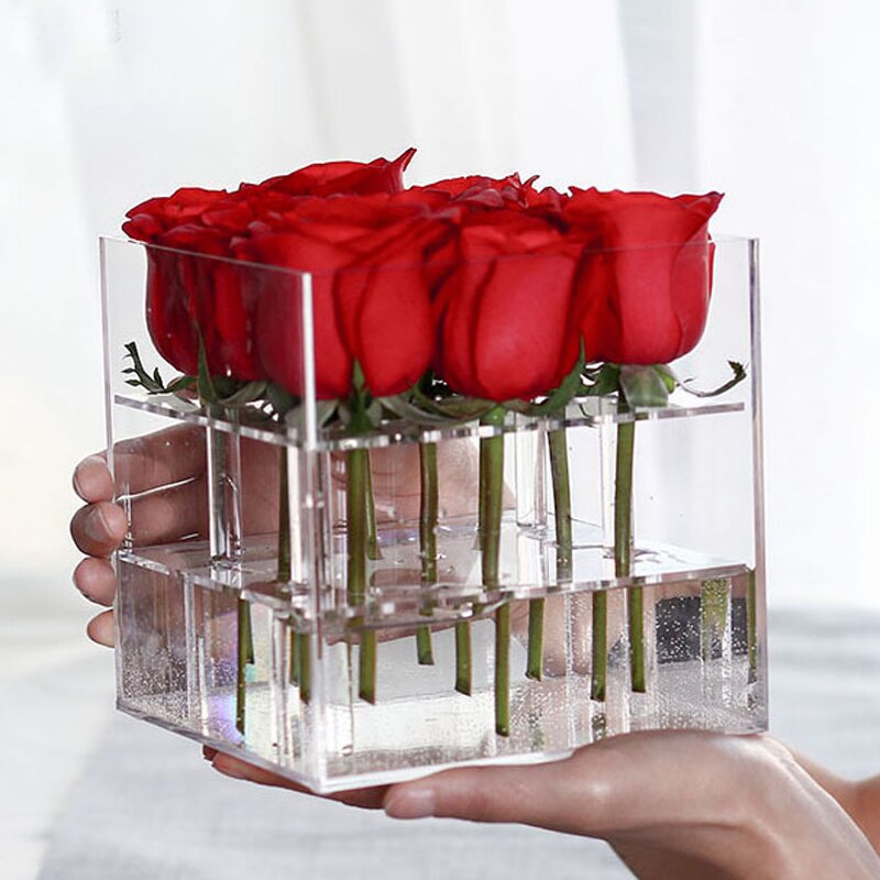Acrylic Rose Flower Box Makeup Organizer Artificial Flower Bouquet Valentine's Day Wedding Decor Box