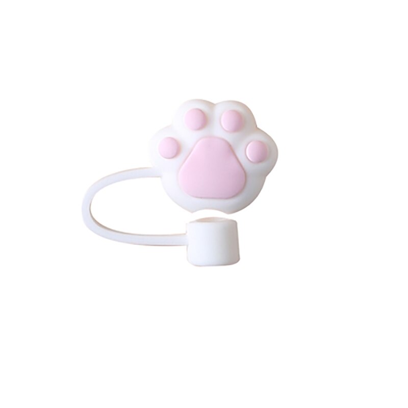 Bouchon de paille en Silicone, capuchon anti-poussière, tasse à boire réutilisable, accessoires de paille en verre, bouchon de dessin animé, couvercle de tête d'aspiration, mignon universel: White cat paw