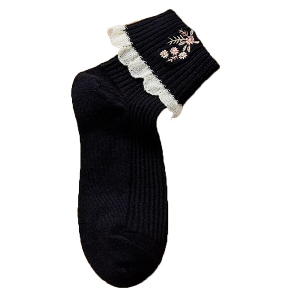 Calcetines con bordes de encaje para Mujer, medias con bordado de flores, Estilo Vintage, invierno, 2 pares: D 1Pair