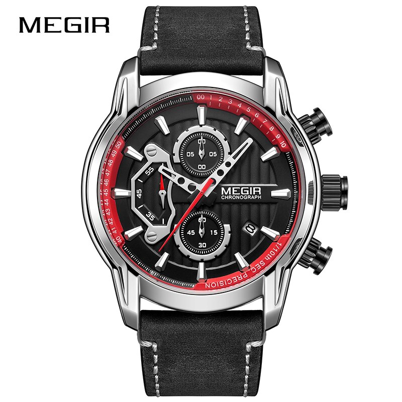 Megir sporthorloges voor heren, waterdicht, lichtgevend, herenhorloge, leren chronograaf, quartz, legerhorloge, herenhorloge: Zilver