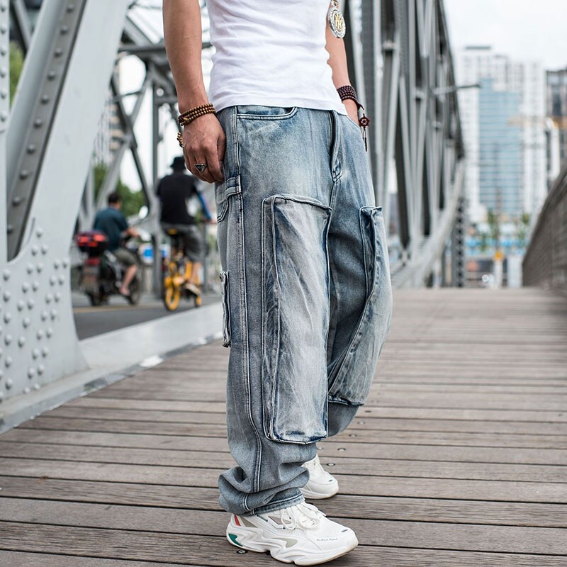 Pantalones vaqueros holgados de talla grande para hombre, ropa de calle informal con múltiples bolsillos, estilo Hip Hop, pantalones de pierna ancha azules para monopatín