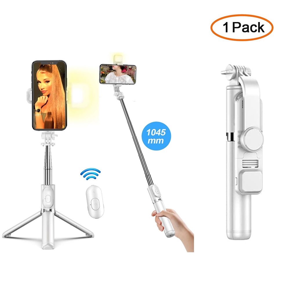 Palo de Selfie inalámbrico con Bluetooth, trípode portátil plegable con obturador de luz de relleno, Control remoto para teléfono inteligente Android iPhone: Blanco