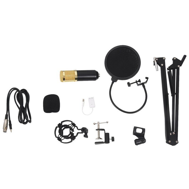 BM800 Condenser Microphone Kit Studio Suspension Boom Scissor Arm Sound Card: Black