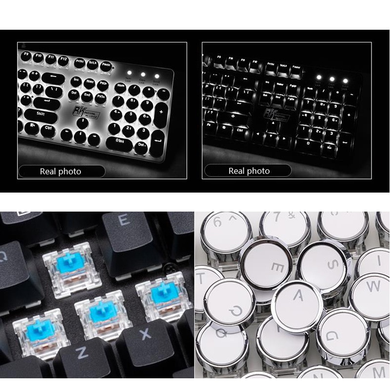 104 Keys Retro Steam Punk Gaming White Light Mechanical Keyboard Round Keycap LED Illuminate Glowing Backlight USB Wired Gamer