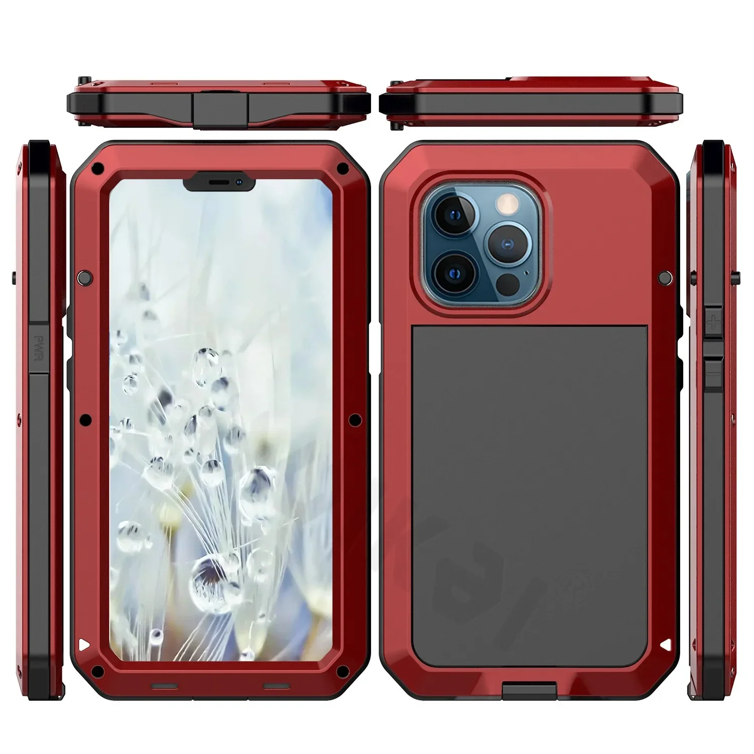 Metalen behuizing voor iPhone 16 Pro Max iPhone 15 Pro Max 14 13 Heavy Duty Schokbestendig Robuust Glas Schermlichaam Beschermhoes: Katoenen stof / Rood
