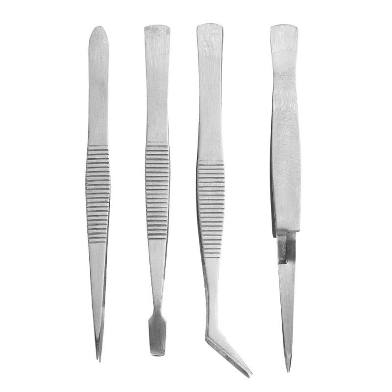 4pcs Stainless Steel Tweezers Pointed Elbow Flat Cross Craft Kraft Hobbies Sewing Tweezers Repair Maintenance Tool