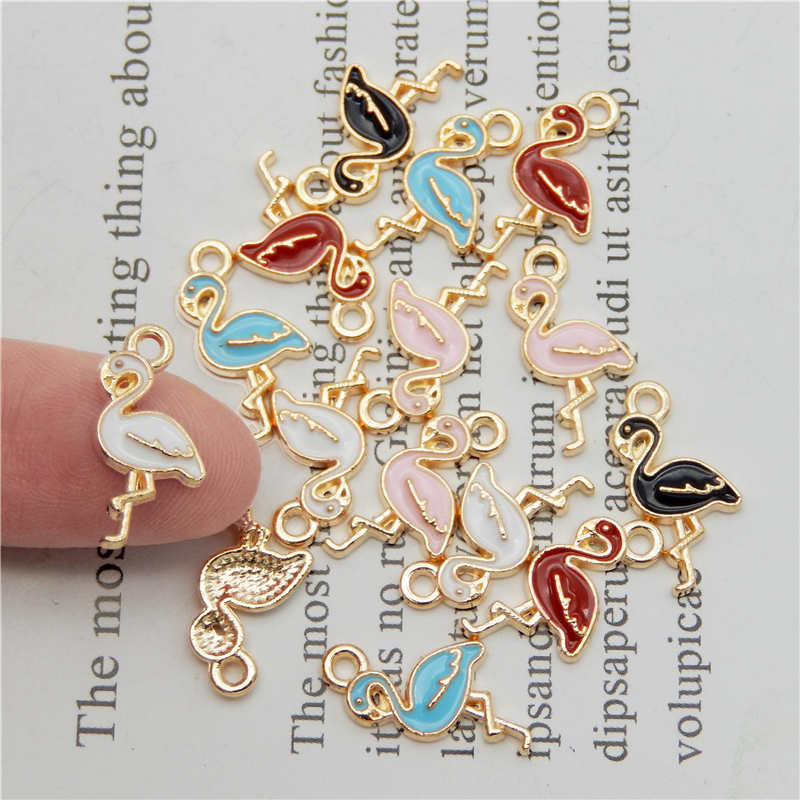 Julie Wang 10PCS Enamel Flamingo Charms Mixed 5 Colors Small Bird Animal Pendants Alloy Gold Tone Jewelry Making Accessory