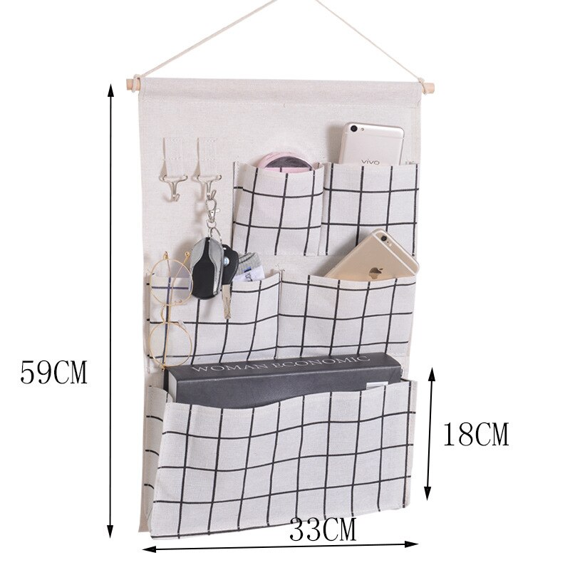 Plaid Hanging Bag Wall Closet Storage Bag with 5 Pockets and and 2 Hooks Bathroom Organizer