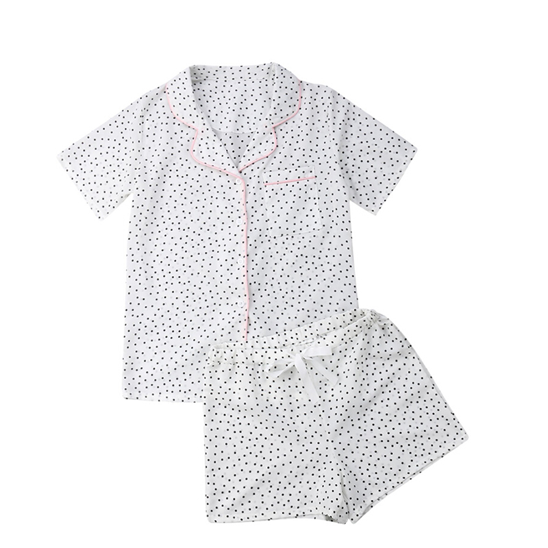 Afslappet kvinder løse pyjamas sæt prik print sommer korte ærmer skjorter+bukser nattøj nattøj kvinde pyjamas hjemmetøj robe: Hvid / L