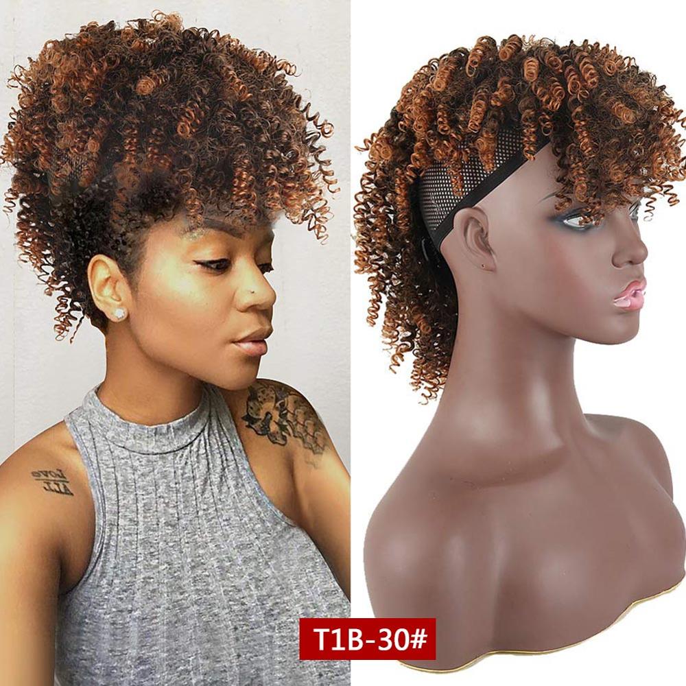 Afro Puff Ponytail With Bangs Afro Kinky Curly Synthetic Curly Mohawk Ponytail Clips in Hair Extension For Black women Hairpiece: T1B 30