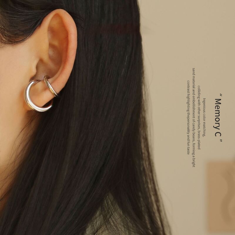 HUANZHI Vintage No Piercing Metal Double Layer Hollow Out Bending Ear Bone Clip Earring For Women Girls Party Jewelry