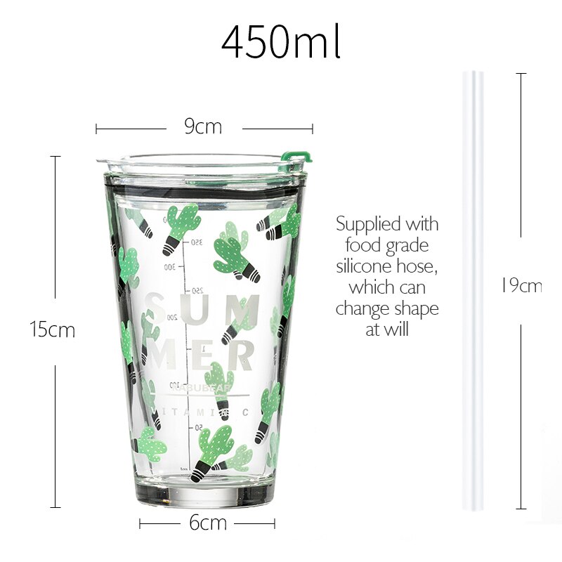 Vaso graduado de cristal con pajita, taza de leche, Graffiti, 450ml, juego de: Cactus style