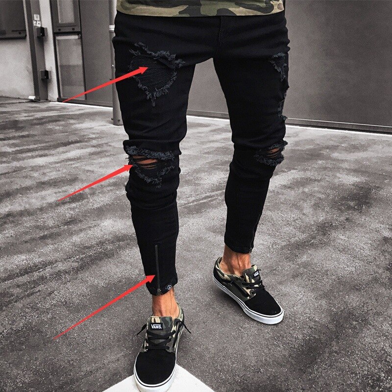 De chulo de los hombres de la elástico negro estilo ceñido inferior cremallera Jeans hombres ropa informal estilo Hip Hop rodilla agujero rasgado Jeans Biker